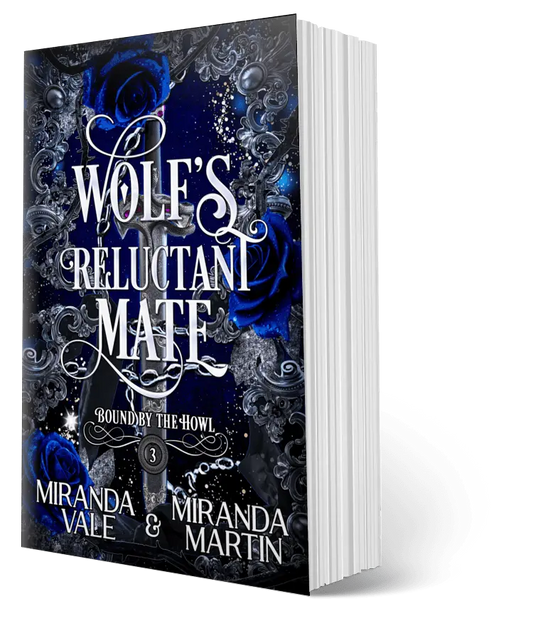 Book cover of 'Wolf's Reluctant Mate' with blue roses and dark background