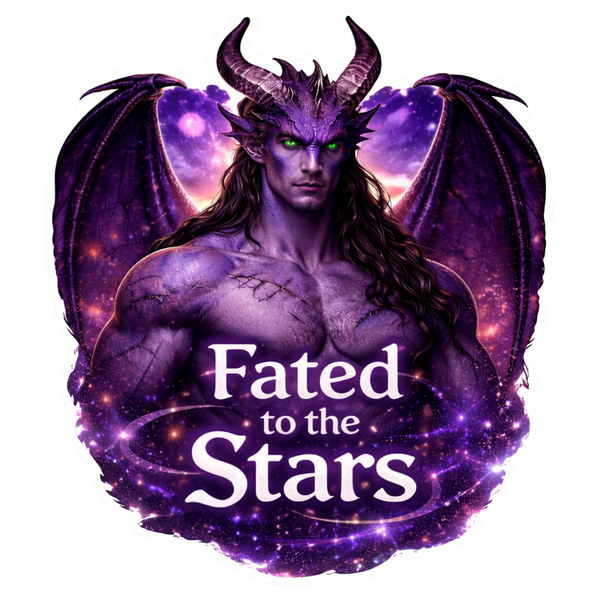 Fated to the Stars sci fi romance vinyl sticker with alien warrior and galaxy background