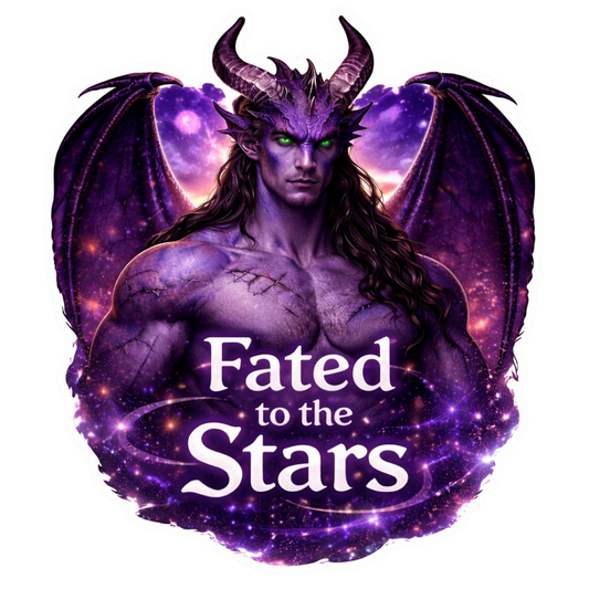 Fated to the Stars sci fi romance vinyl sticker with alien warrior and galaxy background