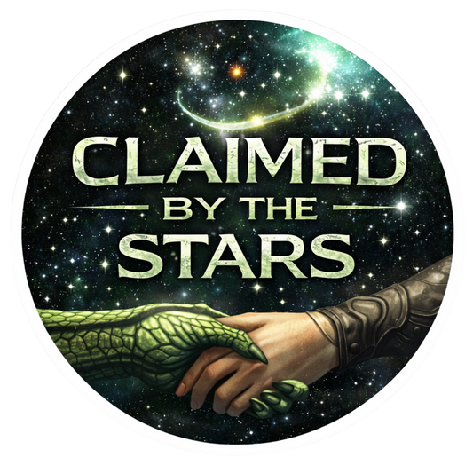 Circular logo with 'Claimed by the Stars' text and a hand and dragon scale design against a starry background.