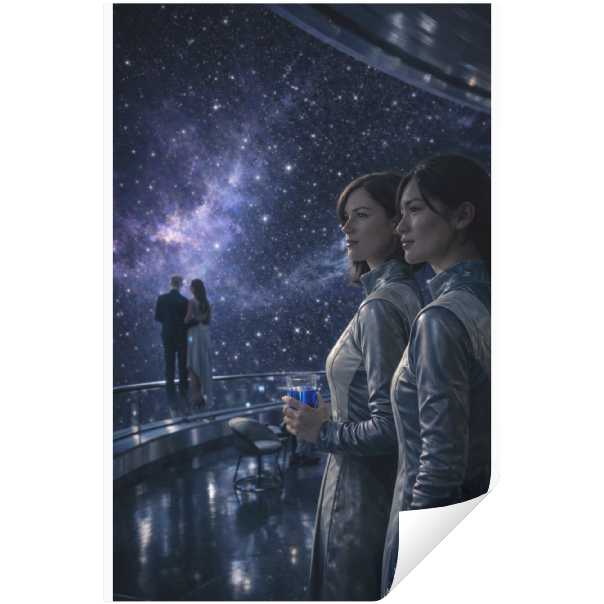 Two people in futuristic suits looking at a starry sky with a couple standing on a balcony below.