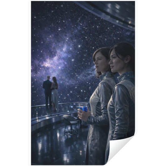 Two people in futuristic suits looking at a starry sky with a couple standing on a balcony below.