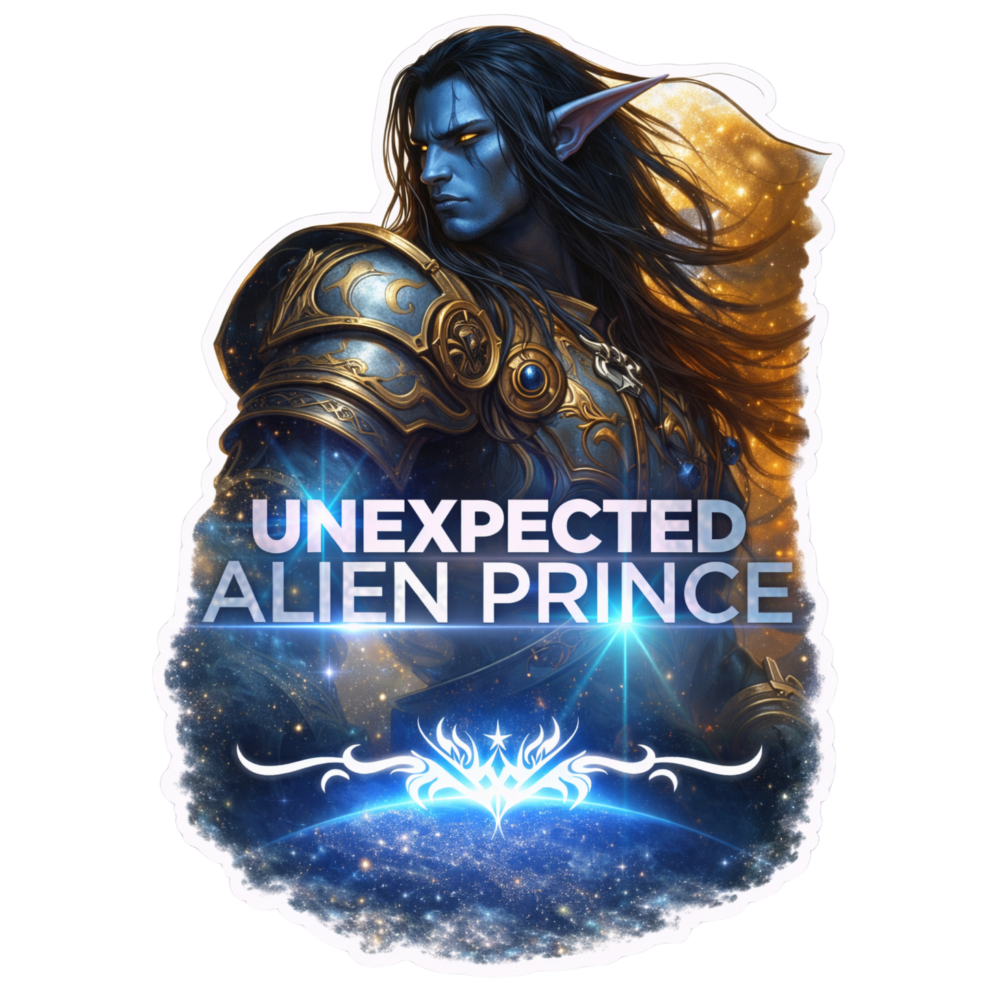Alien prince character with ornate armor and flowing hair on a white background, featuring the text 'Unexpected Alien Prince'.