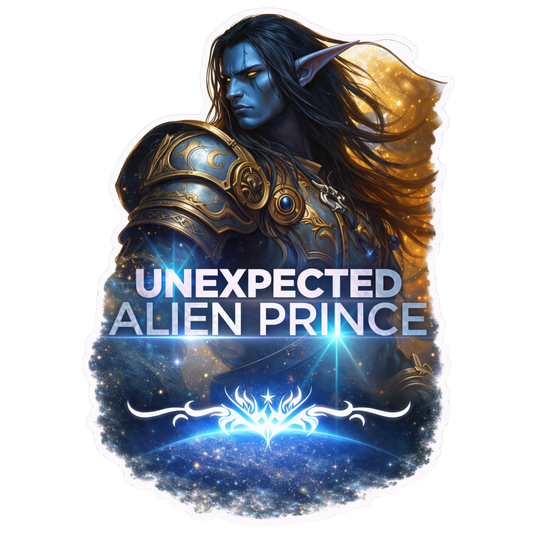Alien prince character with ornate armor and flowing hair on a white background, featuring the text 'Unexpected Alien Prince'.