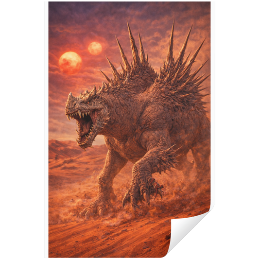 Monster with spikes on a desert landscape with a red sky