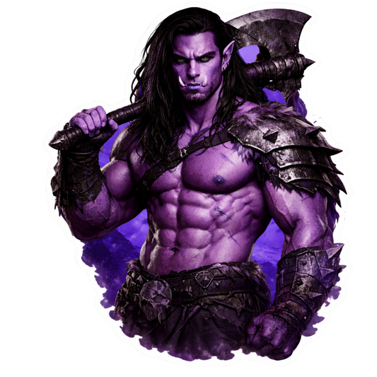Savage Urr’ki alien warrior sticker holding an axe with muscular build