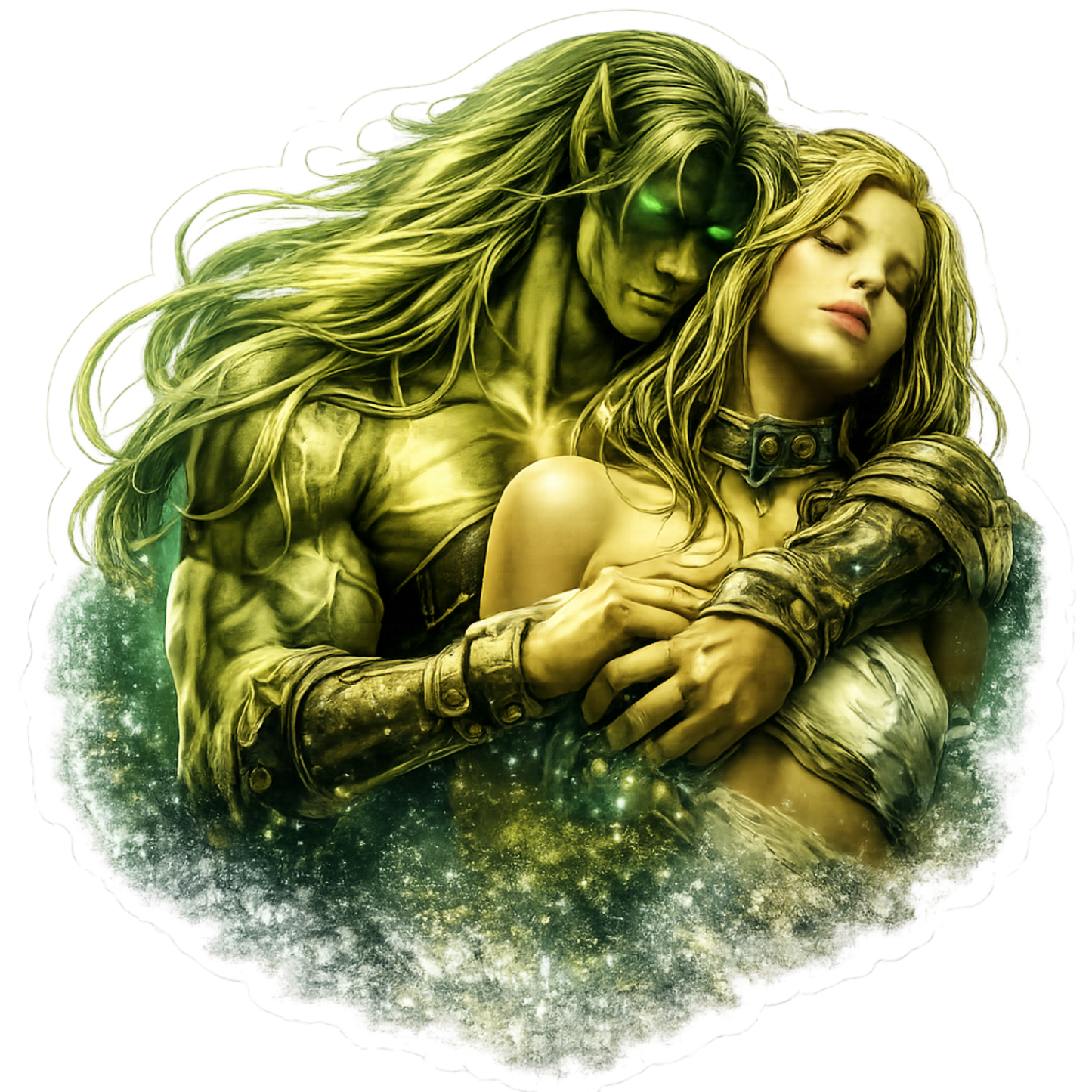 Alien warrior holding human bride sticker