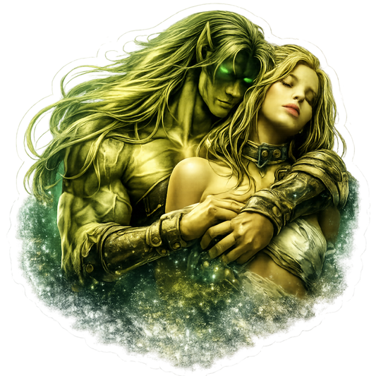 Alien warrior holding human bride sticker