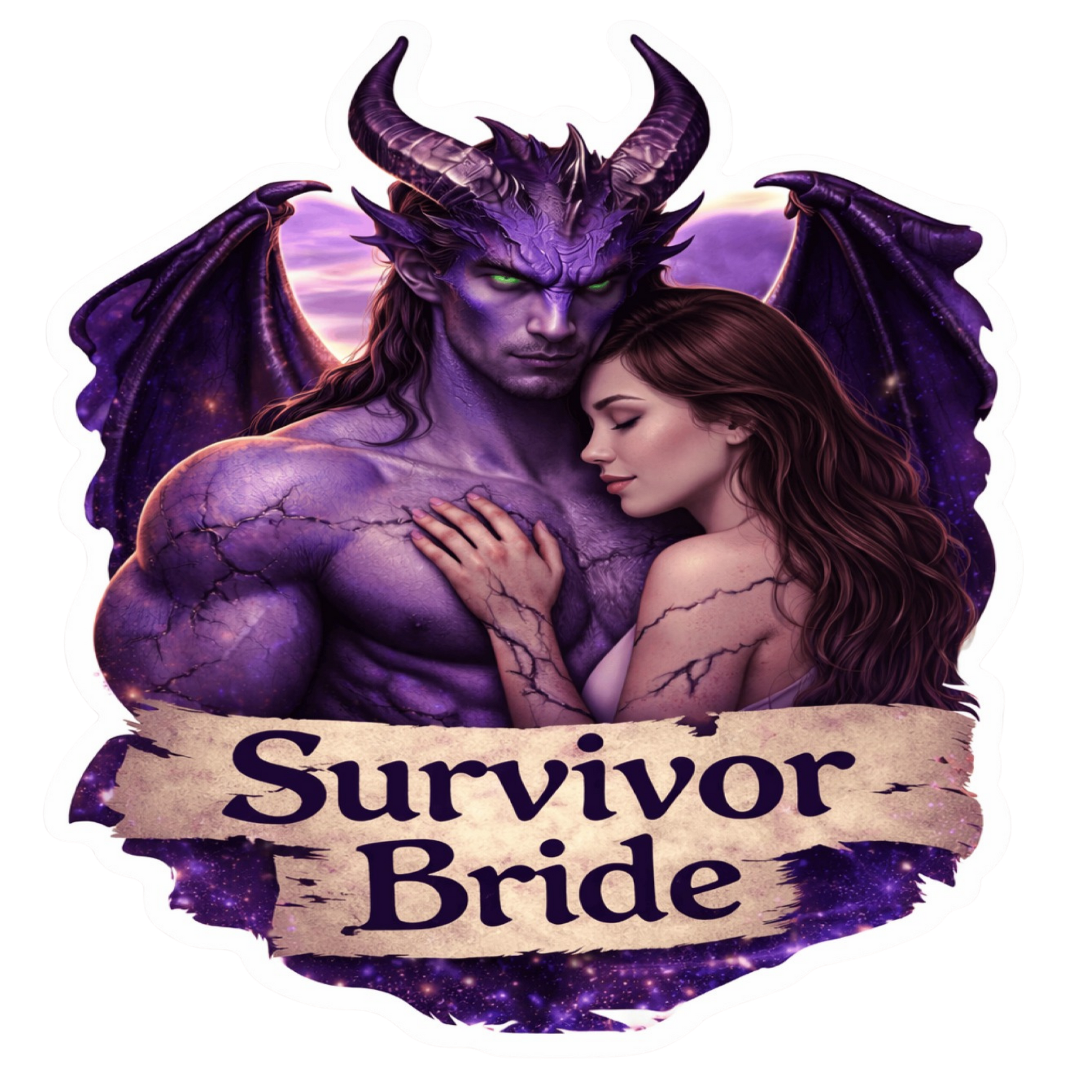 Survivor Bride alien romance vinyl sticker with horned alien warrior and human mate
