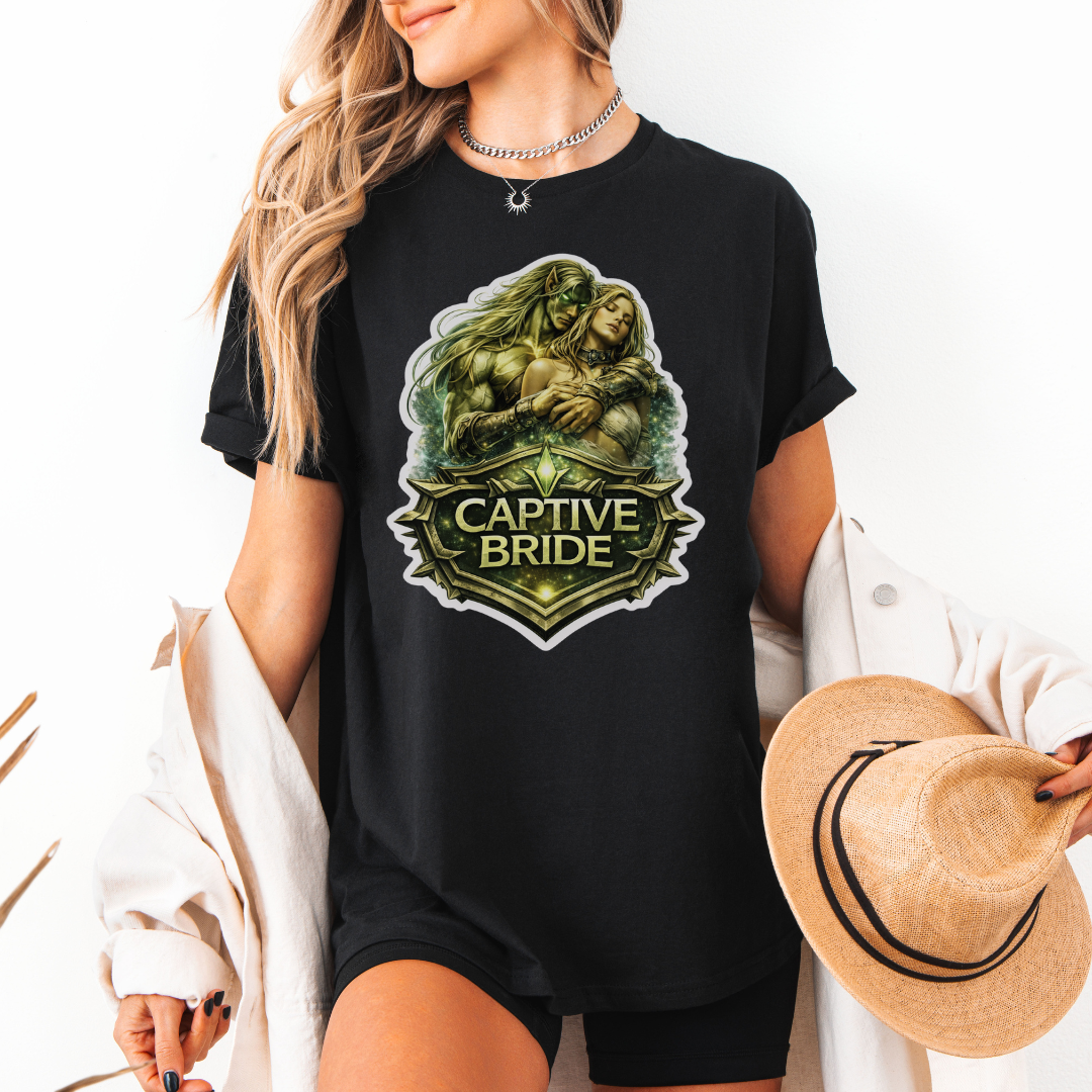 Person wearing a black t-shirt with 'Captive Bride' graphic design.