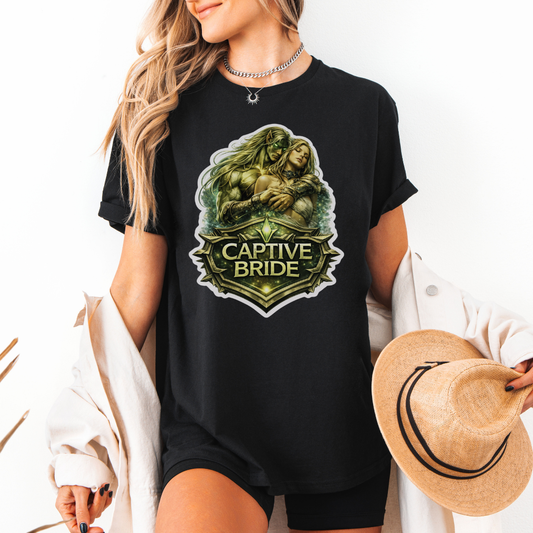 Person wearing a black t-shirt with 'Captive Bride' graphic design.