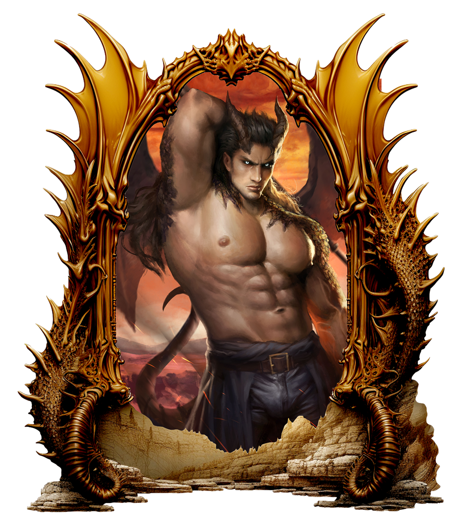 Muscular figure with a dragon-like creature in a dramatic setting