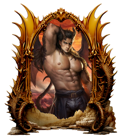 Muscular figure with a dragon-like creature in a dramatic setting