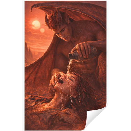Surreal artwork of a winged creature pouring liquid over a person's head, with a desert landscape in the background.