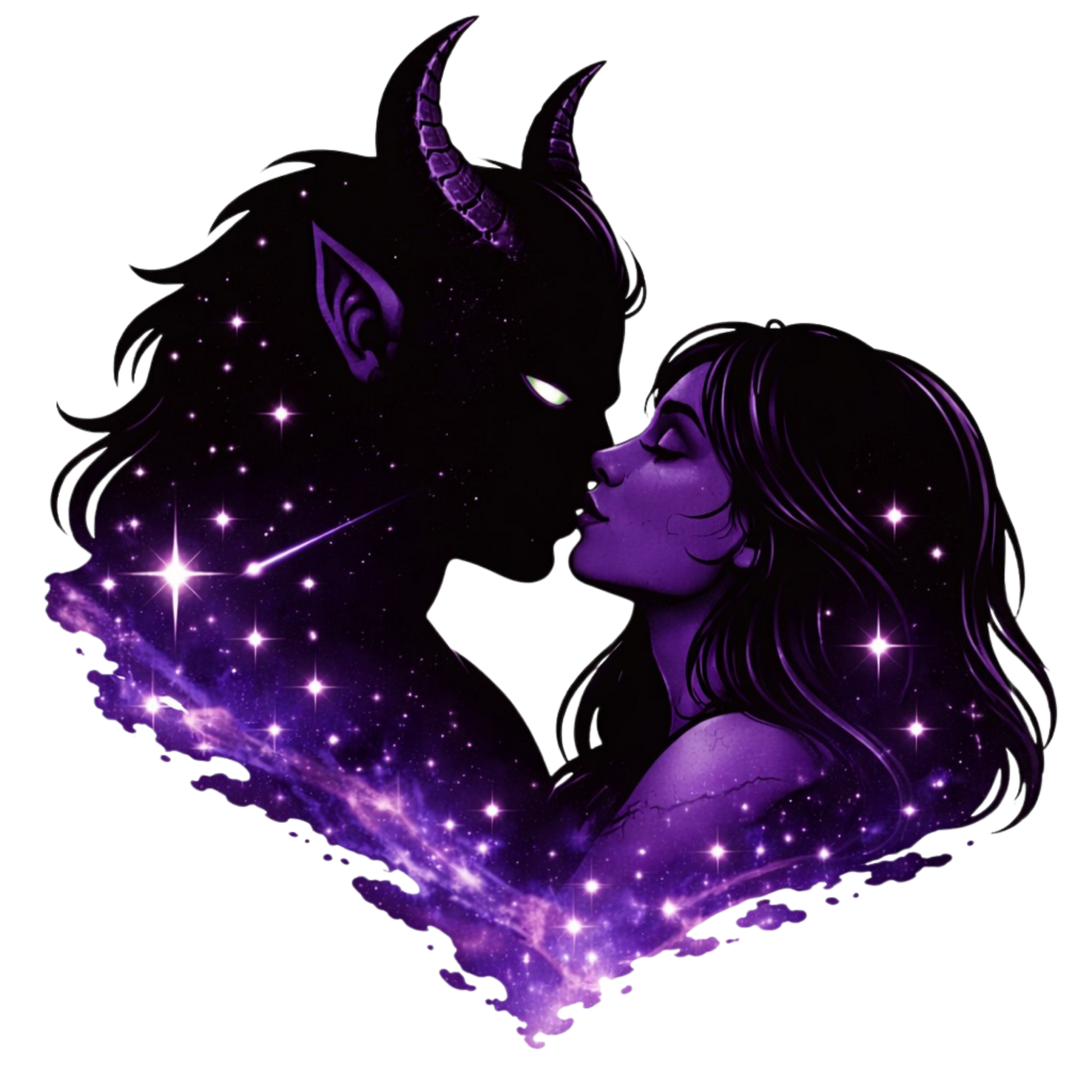 Horned alien and human kissing silhouette sticker with purple galaxy stars, sci-fi romance artwork