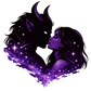 Horned alien and human kissing silhouette sticker with purple galaxy stars, sci-fi romance artwork