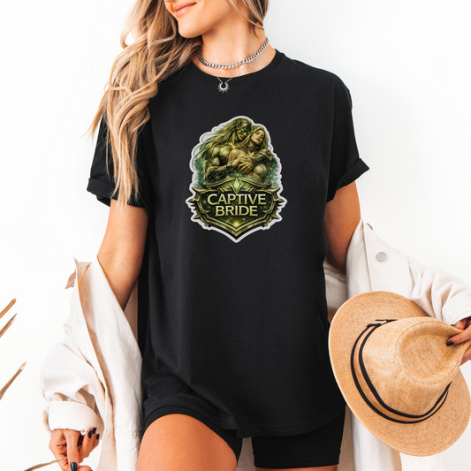 Person wearing a black t-shirt with 'Captive Bride' graphic design.