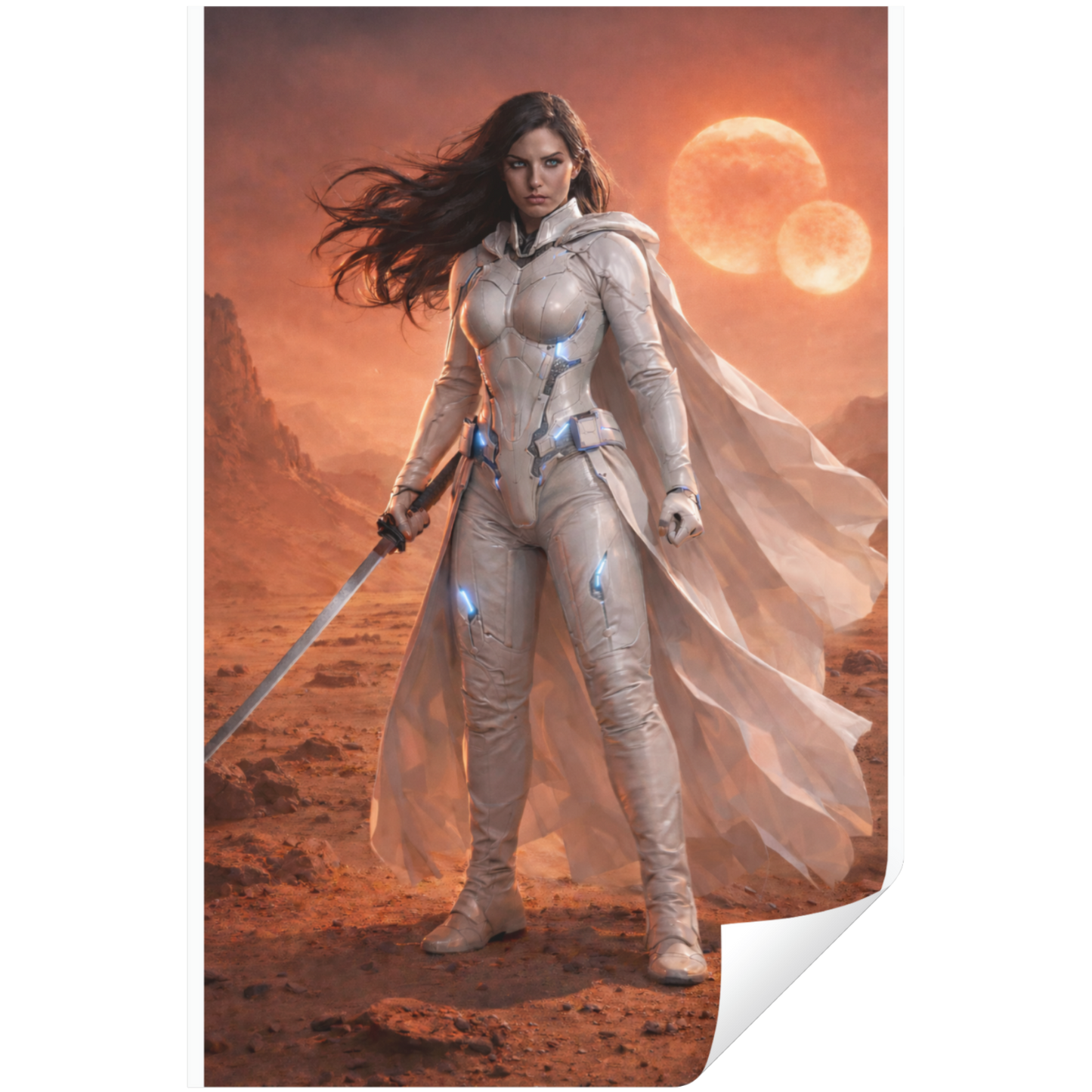Character in futuristic suit with sword on otherworldly landscape