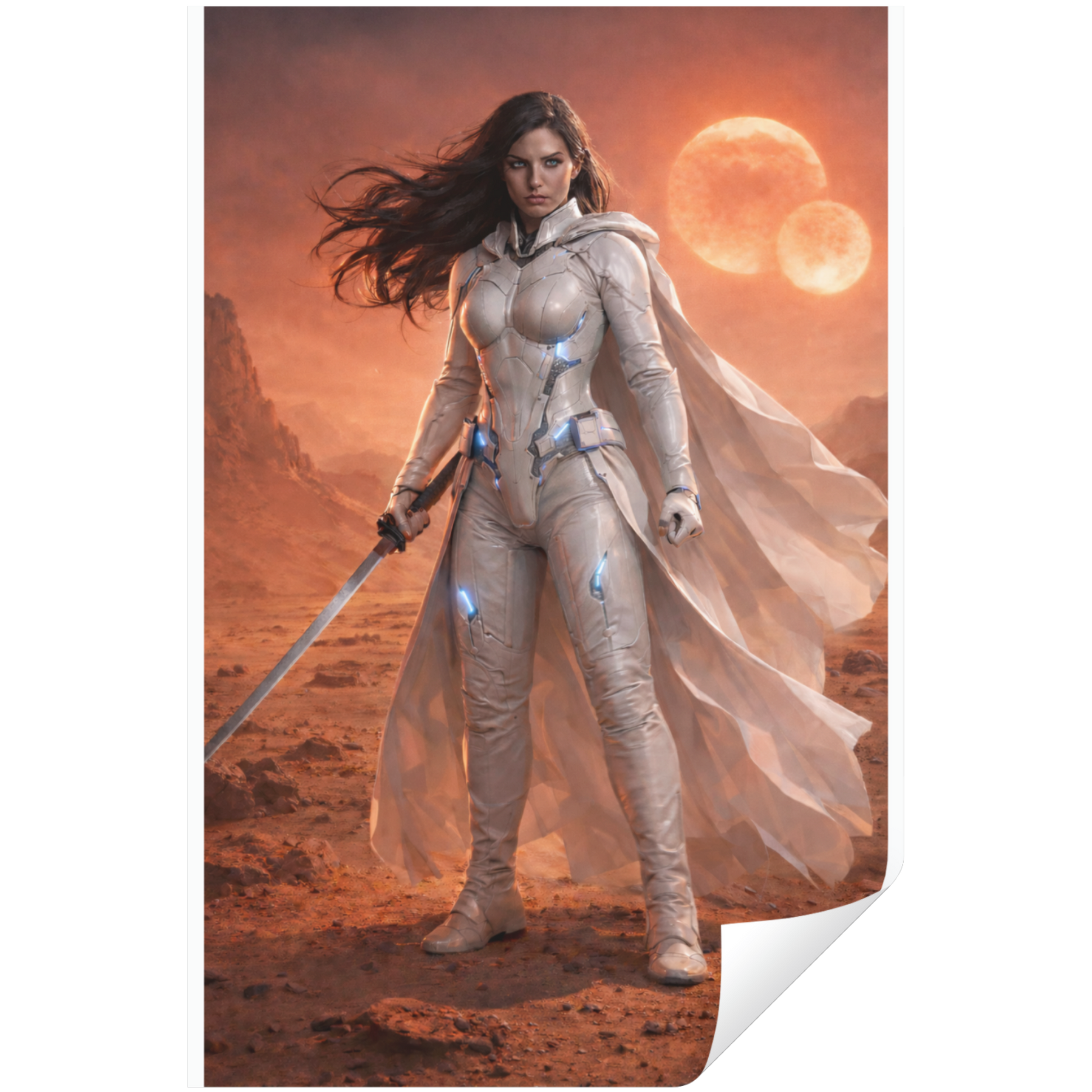 Character in futuristic suit with sword on otherworldly landscape