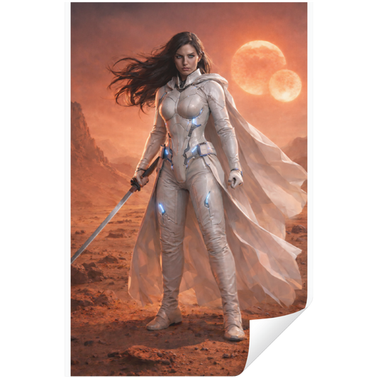 Character in futuristic suit with sword on otherworldly landscape