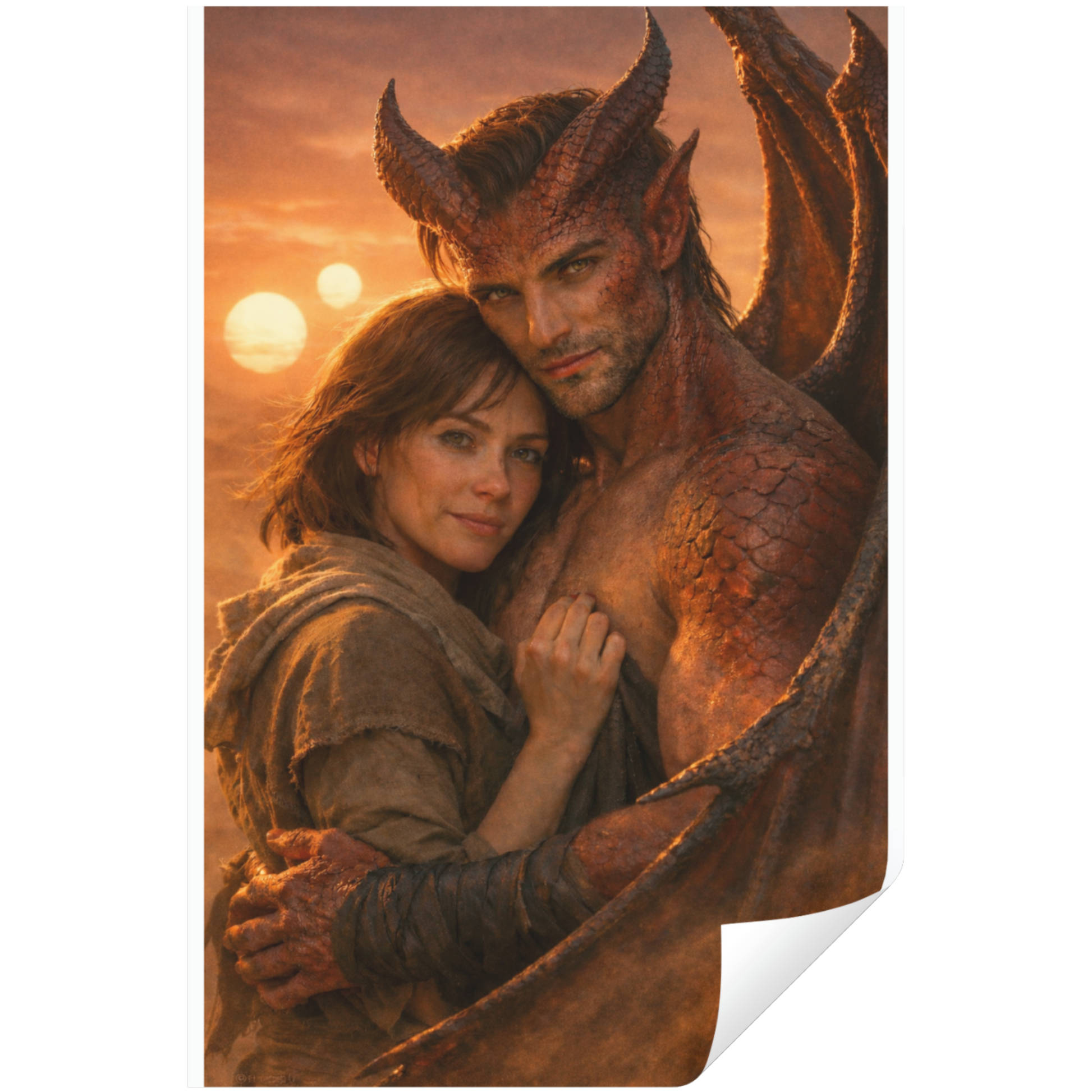 Man with dragon-like features embracing a woman against a sunset sky.