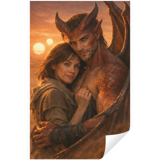Man with dragon-like features embracing a woman against a sunset sky.