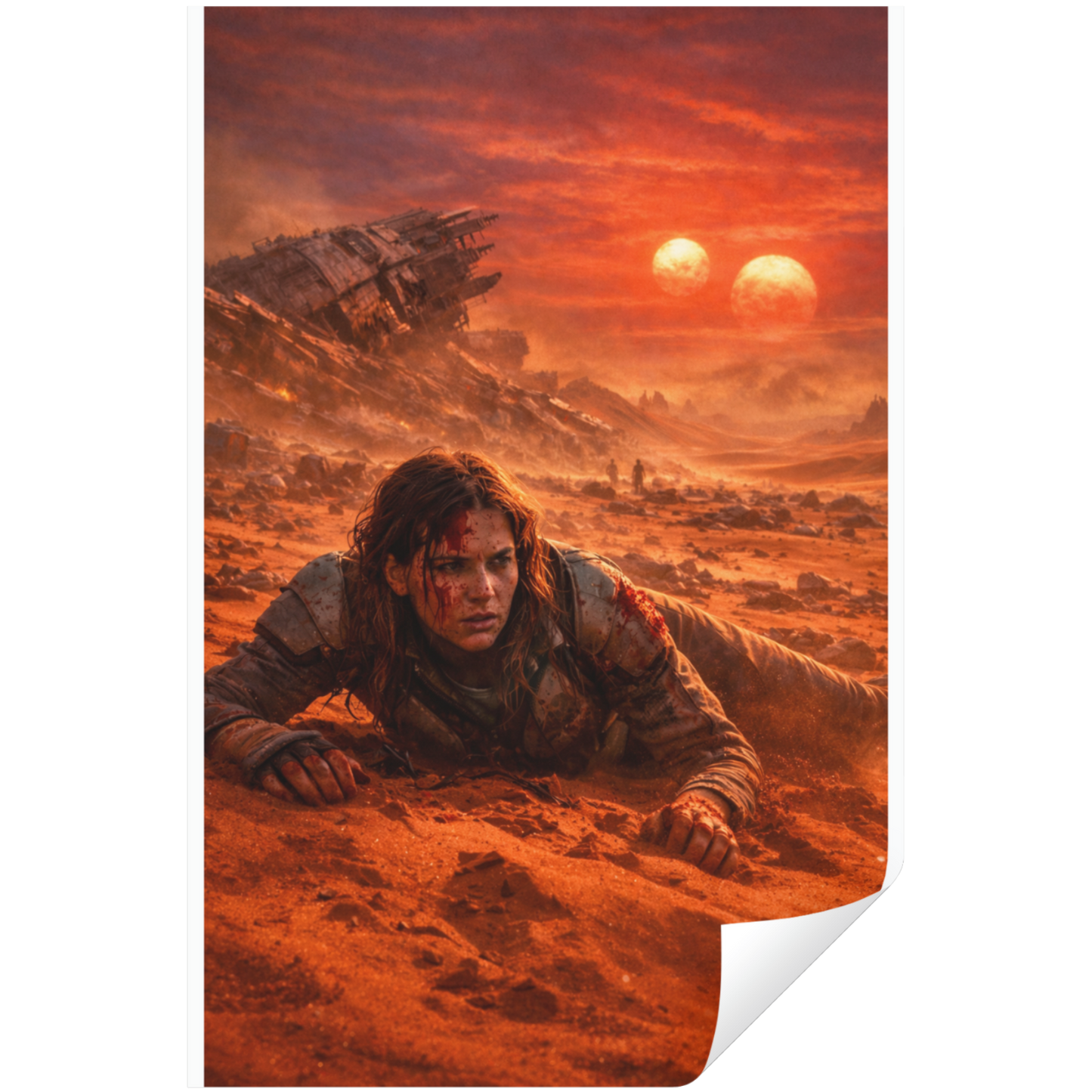 Character in a desert landscape with a spaceship and suns in the sky