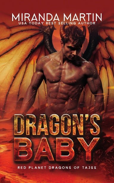 Book cover of 'Dragon's Baby' featuring a muscular man with dragon wings against a fiery background.